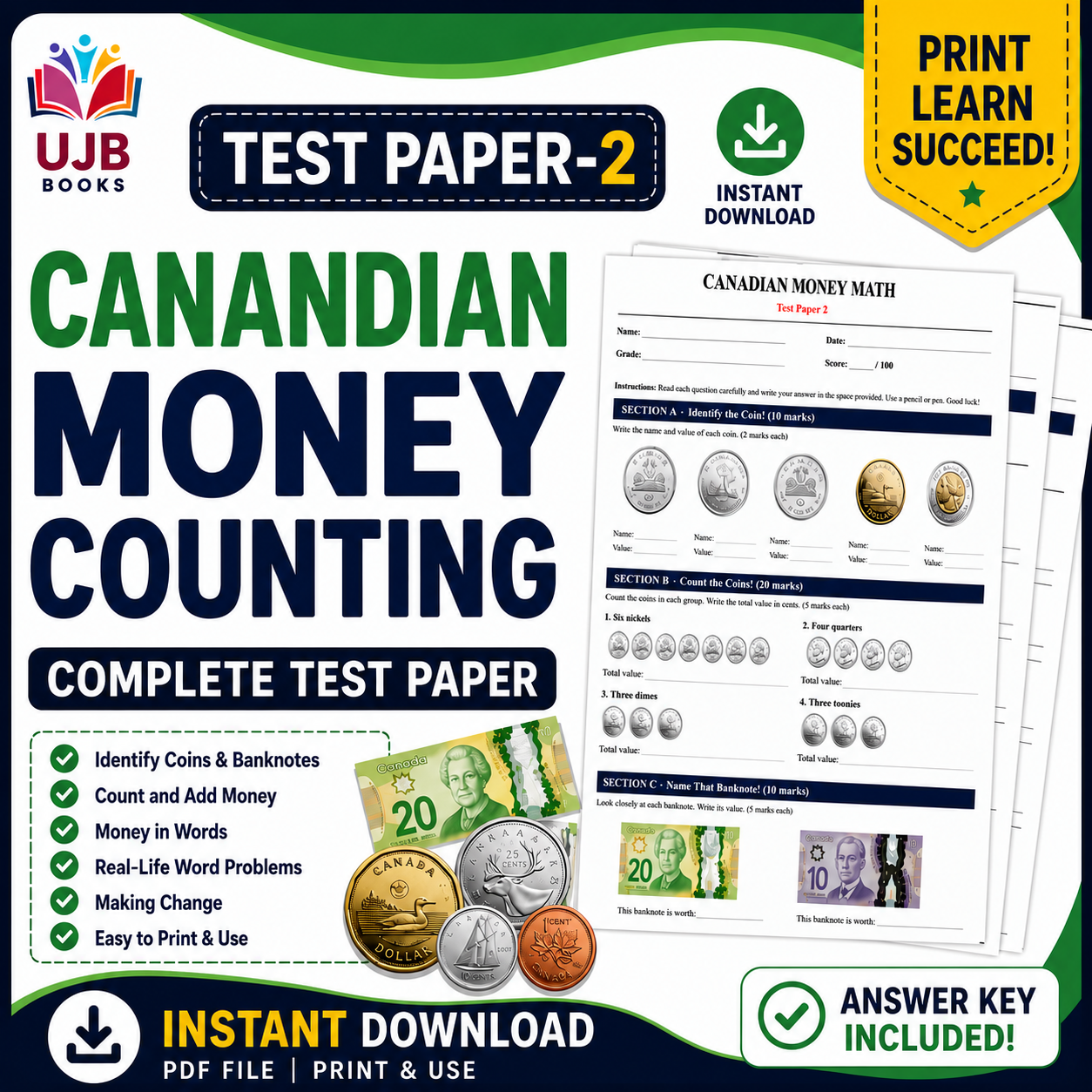 Canadian Money Counting Test Paper 2 | Grades 1–3 | With Answer Key - Image 2
