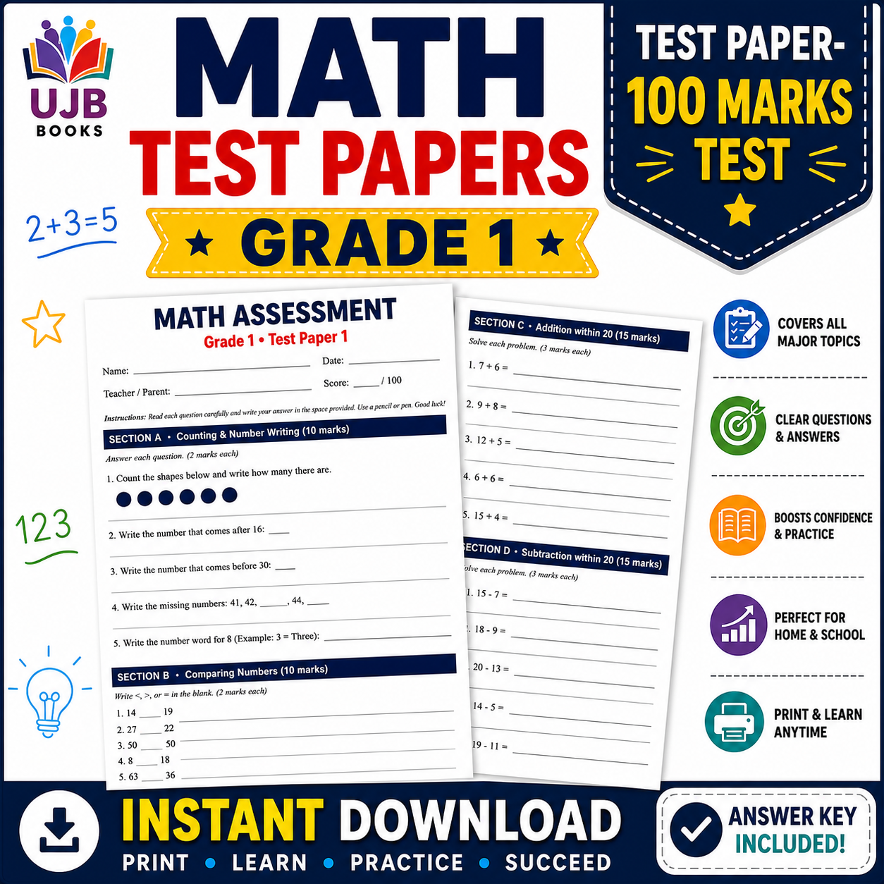 Math Test Papers – Grade 1 | 100 Marks Practice Tests with Answer Key