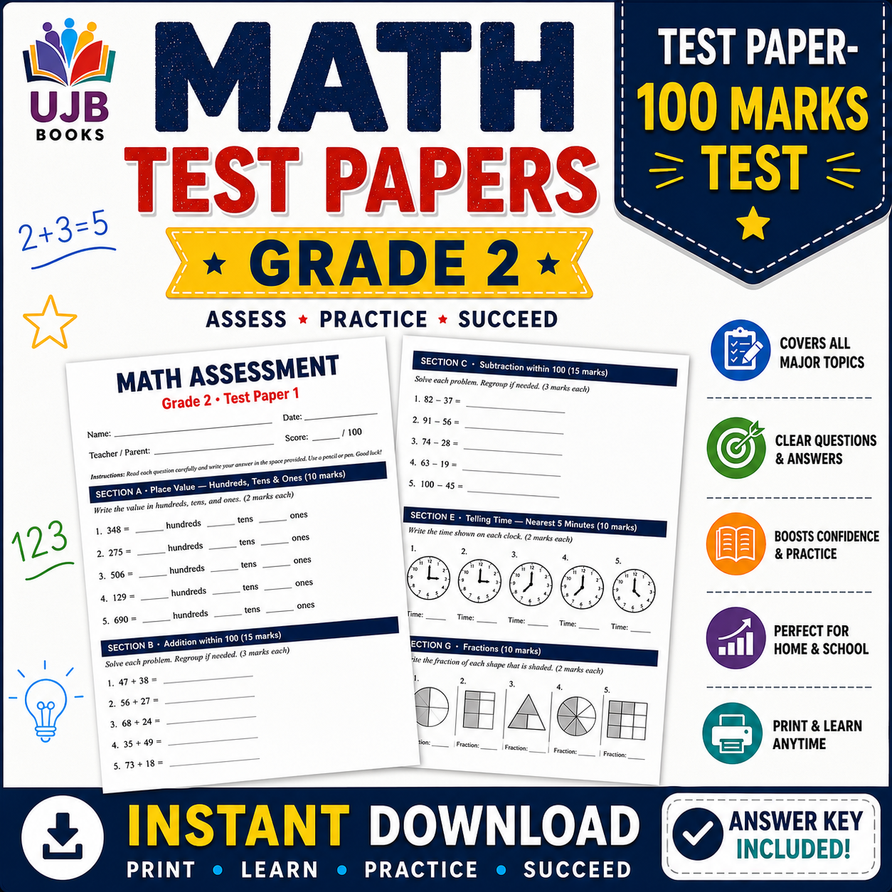 Math Test Papers – Grade 2 | 100 Marks Practice Tests with Answer Key - Image 2