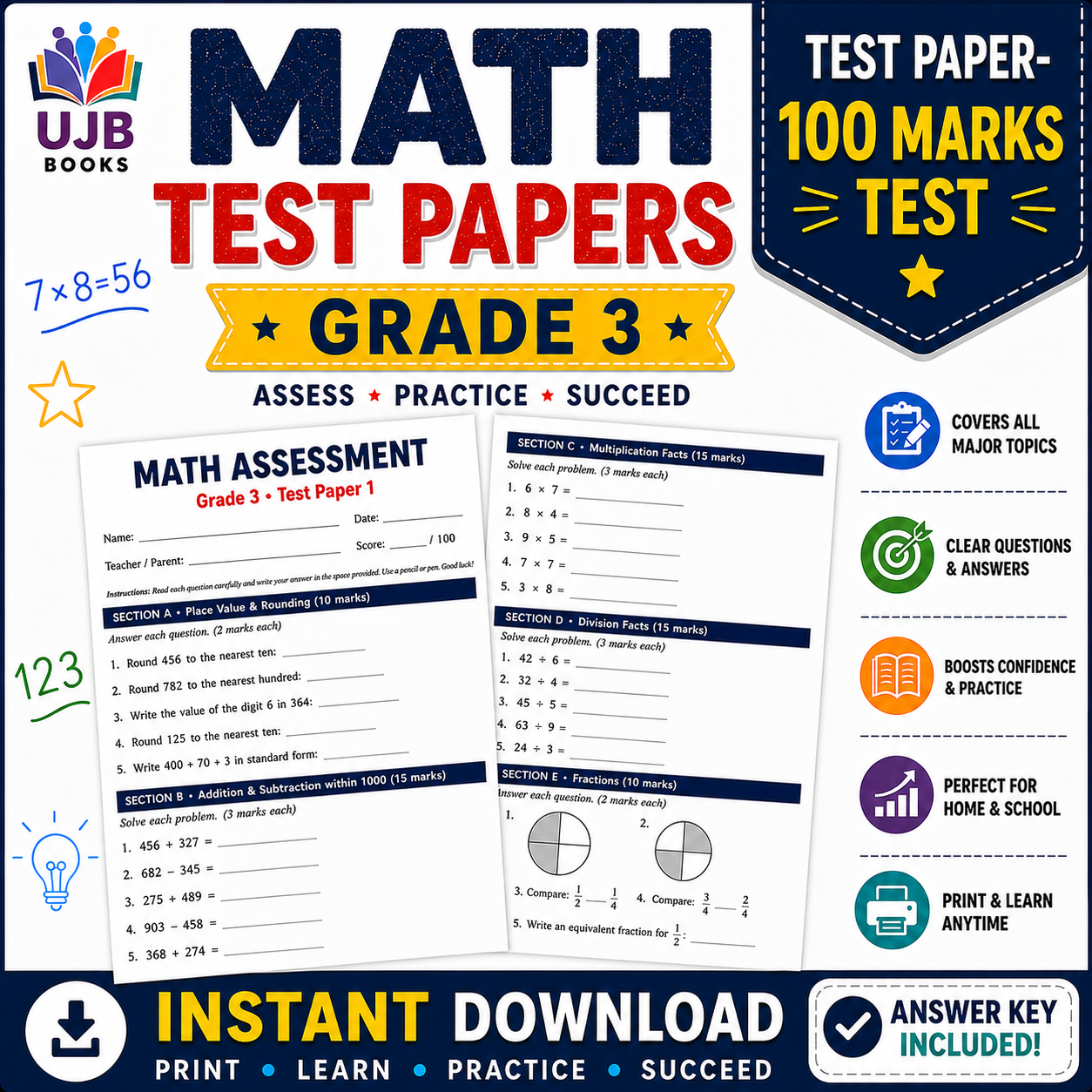 Math Test Papers – Grade 3 | 100 Marks Practice Tests with Answer Key - Image 2