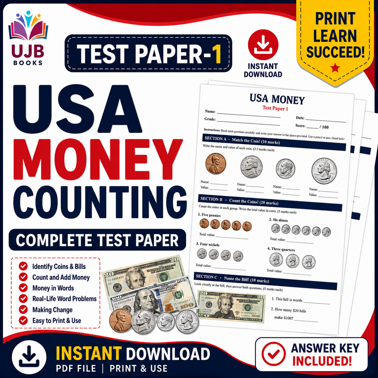 USA Money Counting Test Paper 1 | Grades 1–3 | With Answer Key - Image 2