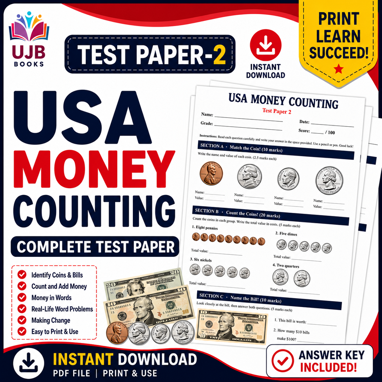 USA Money Counting Test Paper 2 | Grades 1–3 | With Answer Key - Image 2
